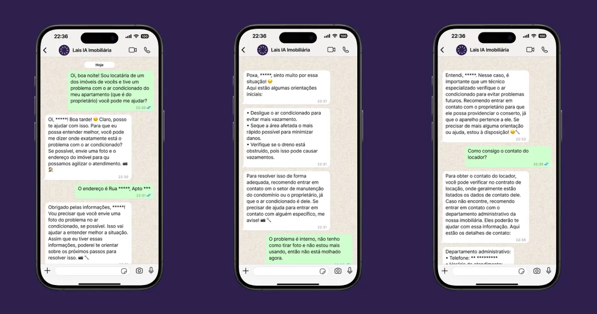 Capturas de tela do WhatsApp onde a Lais realiza atendimento administrativo automatizado
