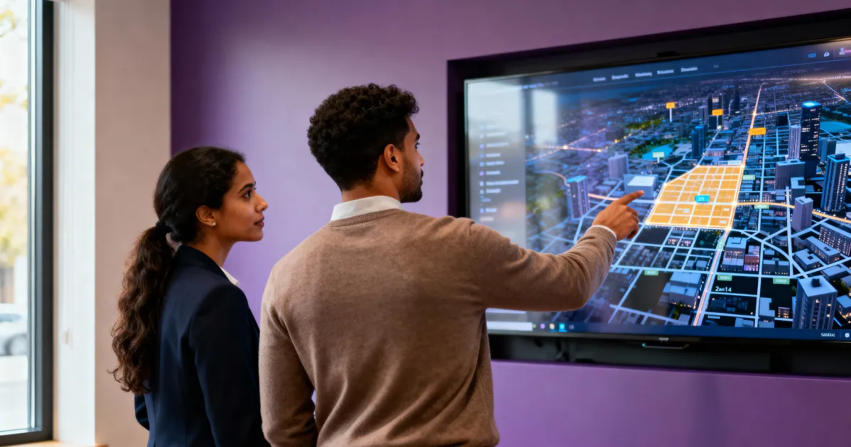 Dupla de profissionais observando mapa digital interativo em tela touch