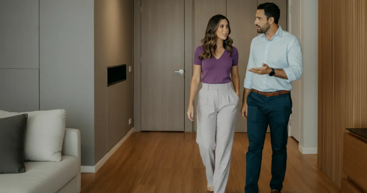 Corretor de imóveis de camisa azul apresentando um apartamento moderno para uma cliente interessada