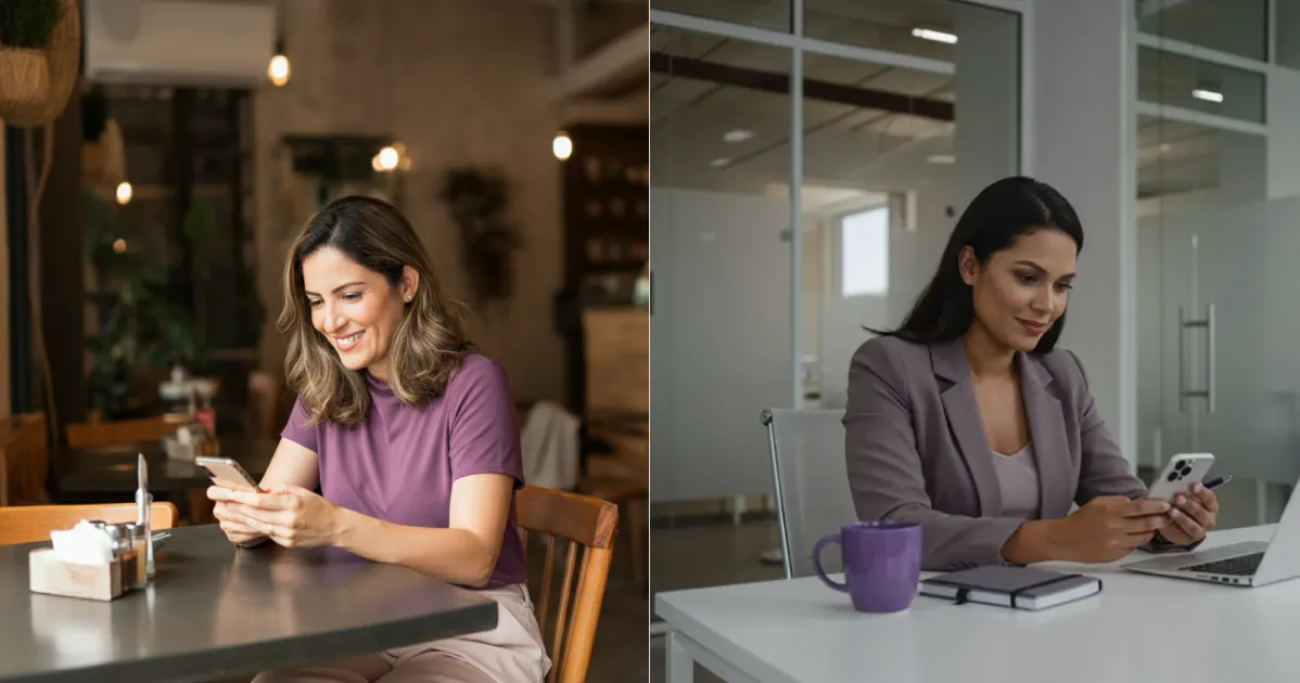 Mulher sentada em café digitando no celular sorrindo; ao lado, homem feliz lendo notificação de aprovação de crédito