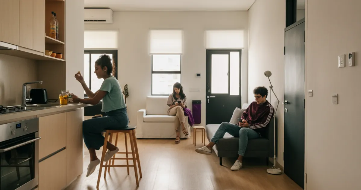 Tres jovens da Geracao Z em apartamento moderno, ilustrando estilo de vida e coliving