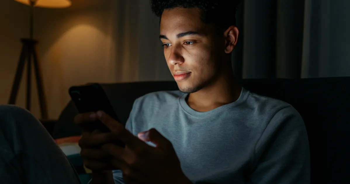 Jovem da geracao Z usando o celular no sofa, com o rosto iluminado pela tela, representando a busca digital por imoveis