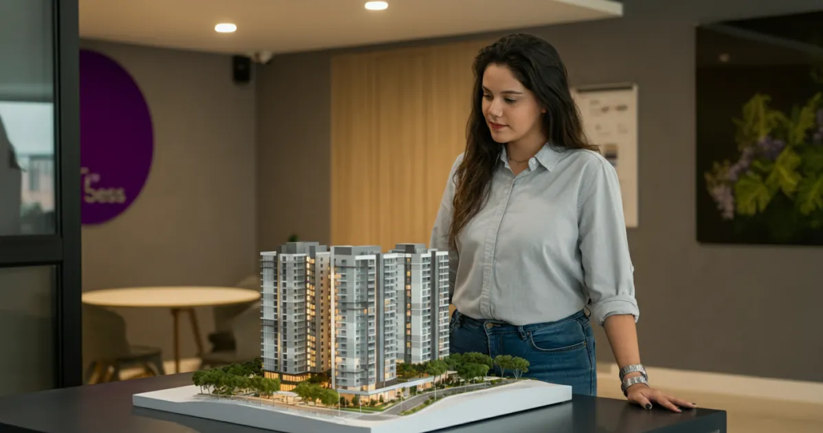 Jovem mulher analisa maquete de predio residencial em stand de vendas, avaliando empreendimento
