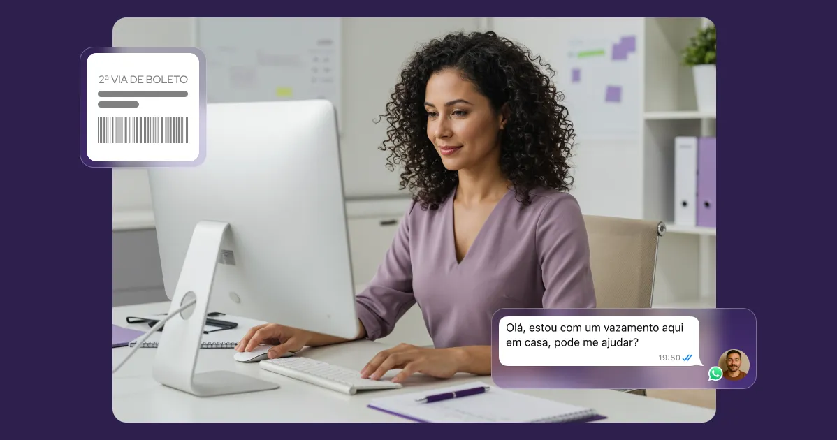 Mulher em ambiente corporativo usando computador e respondendo mensagens relacionadas a serviços imobiliários