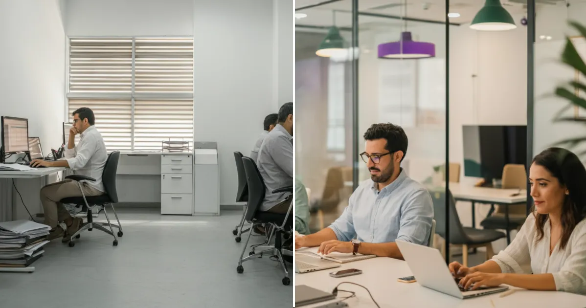 Comparação lado a lado: operação tradicional em escritório antigo e equipe em espaço moderno usando IA