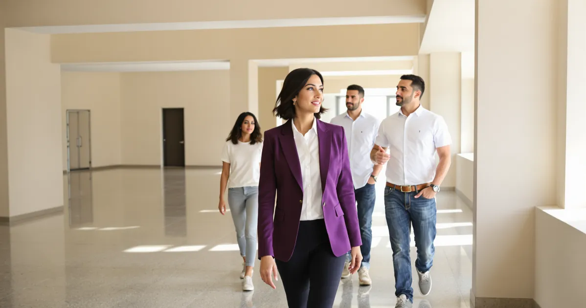 Corretora de imoveis apresenta espaco comercial para tres pessoas interessadas