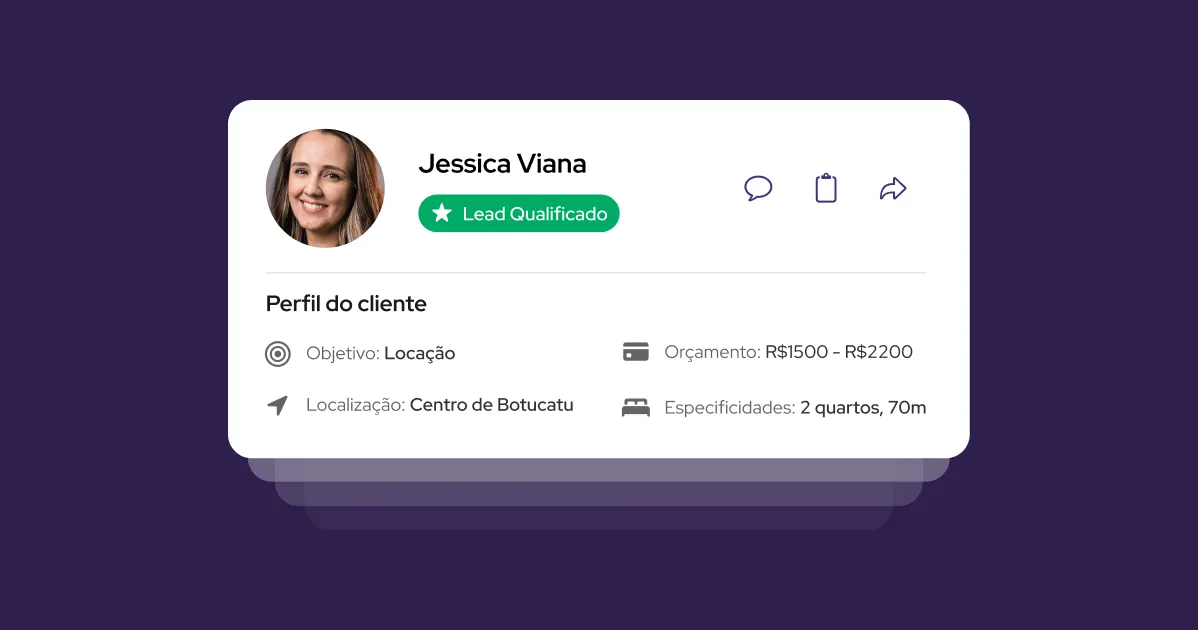 Tela com perfil detalhado de um lead qualificado, exibindo objetivo, orçamento, localização e preferências