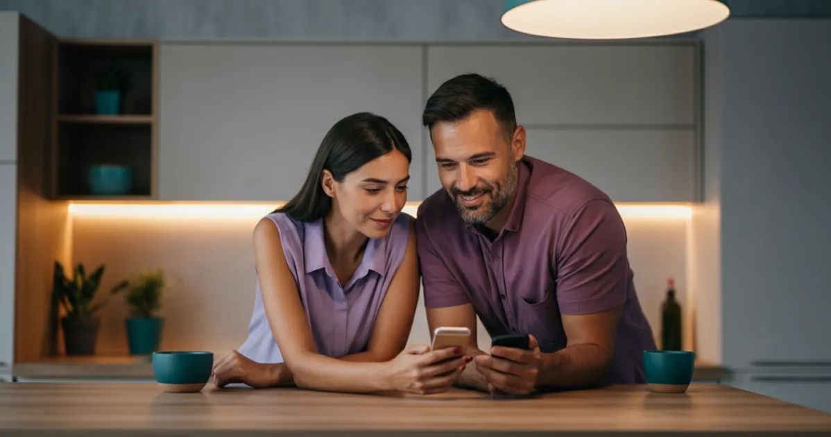 Casal sorrindo enquanto pesquisam juntos em smartphone